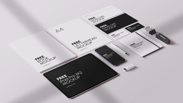 Branding set Stationery free PSD Mockup including devices and printed material 8K resolution